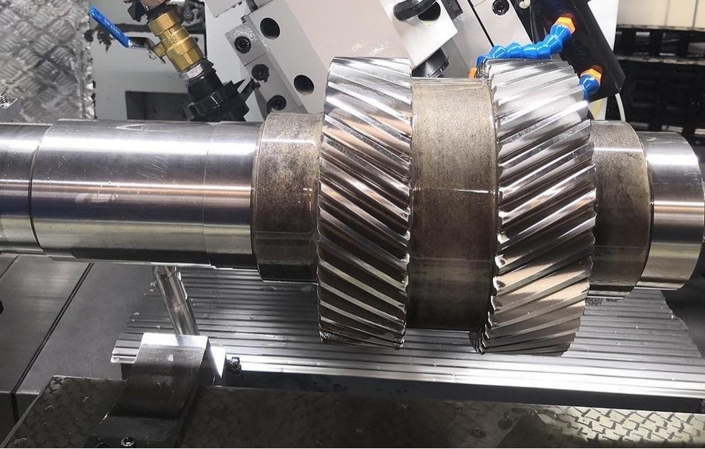 CNC machined helical gear shaft component in manufacturing process