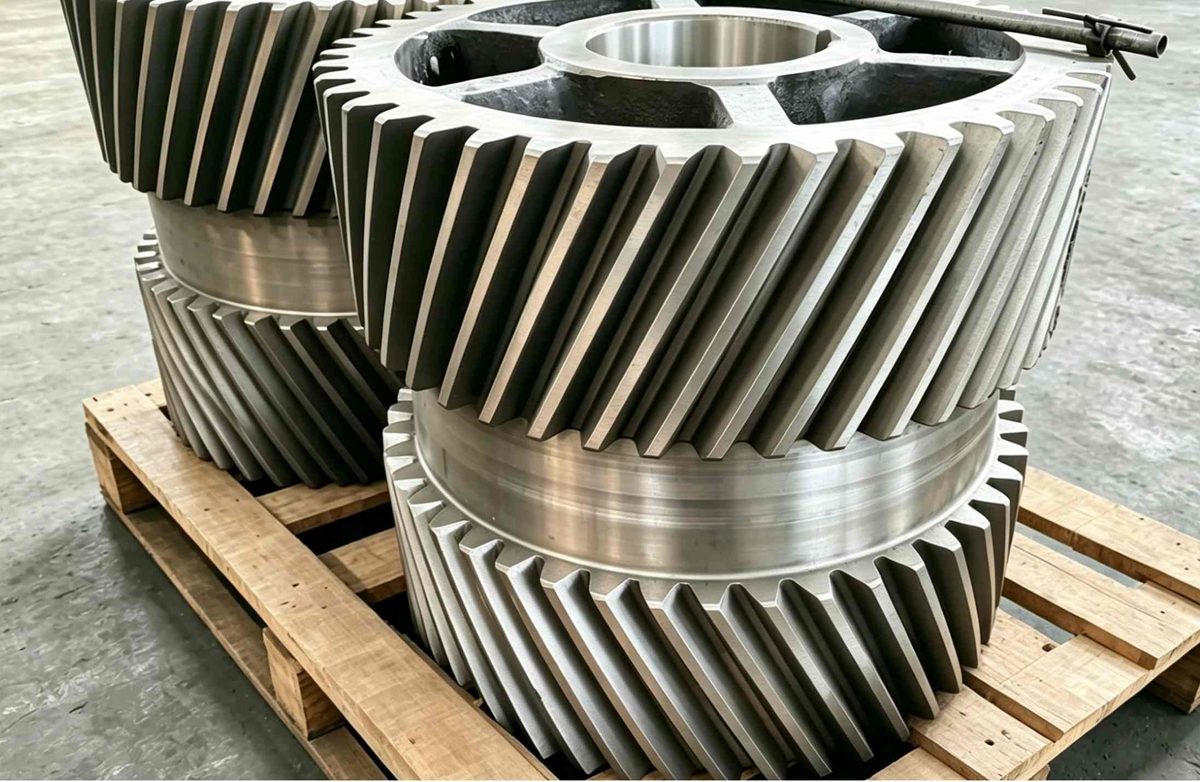 Custom machined large gear shaft assembly with precision gear teeth structure